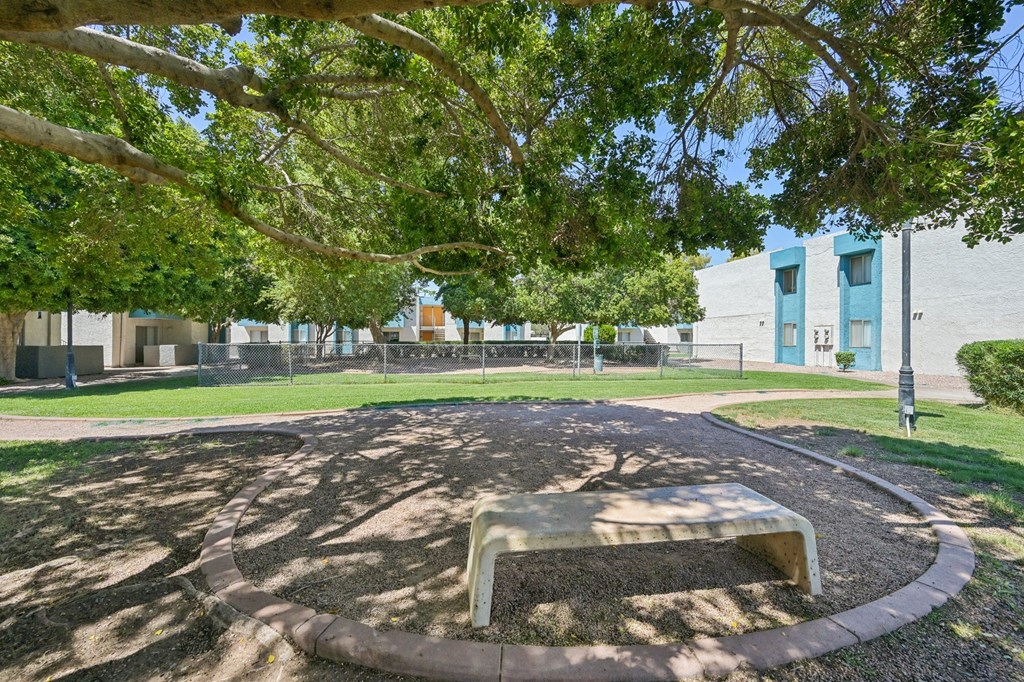A playground with a slide and a tree in the foreground.