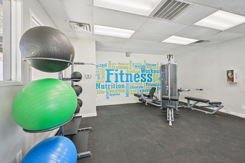 A gym with a green and blue exercise ball and a white wall with a fitness word cloud.