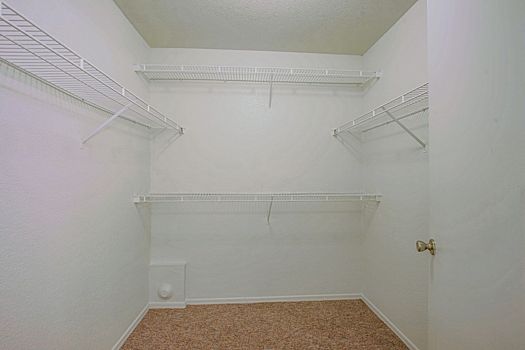 Empty room with white walls and shelves.