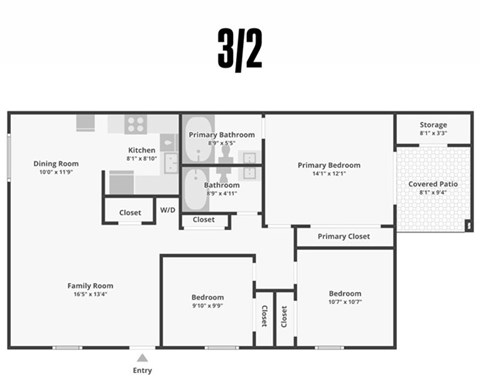 A floor plan of a 3/2 property with a dining room, kitchen, family room, two bedrooms, a bathroom, a storage area, and a covered patio.