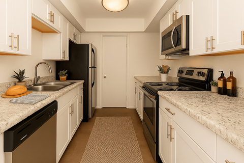 A kitchen with black appliances and white cabinets.