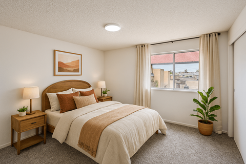 A bedroom with a large bed and a potted plant.