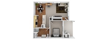 a stylized floor plan with a bedroom and a living room