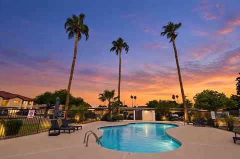 A pool surrounded by palm trees at sunset.
