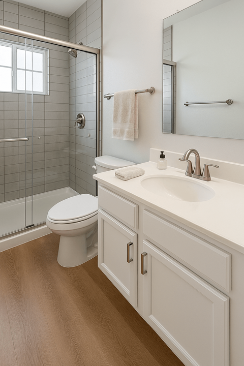 A white toilet sits in a bathroom next to a walk-in shower.