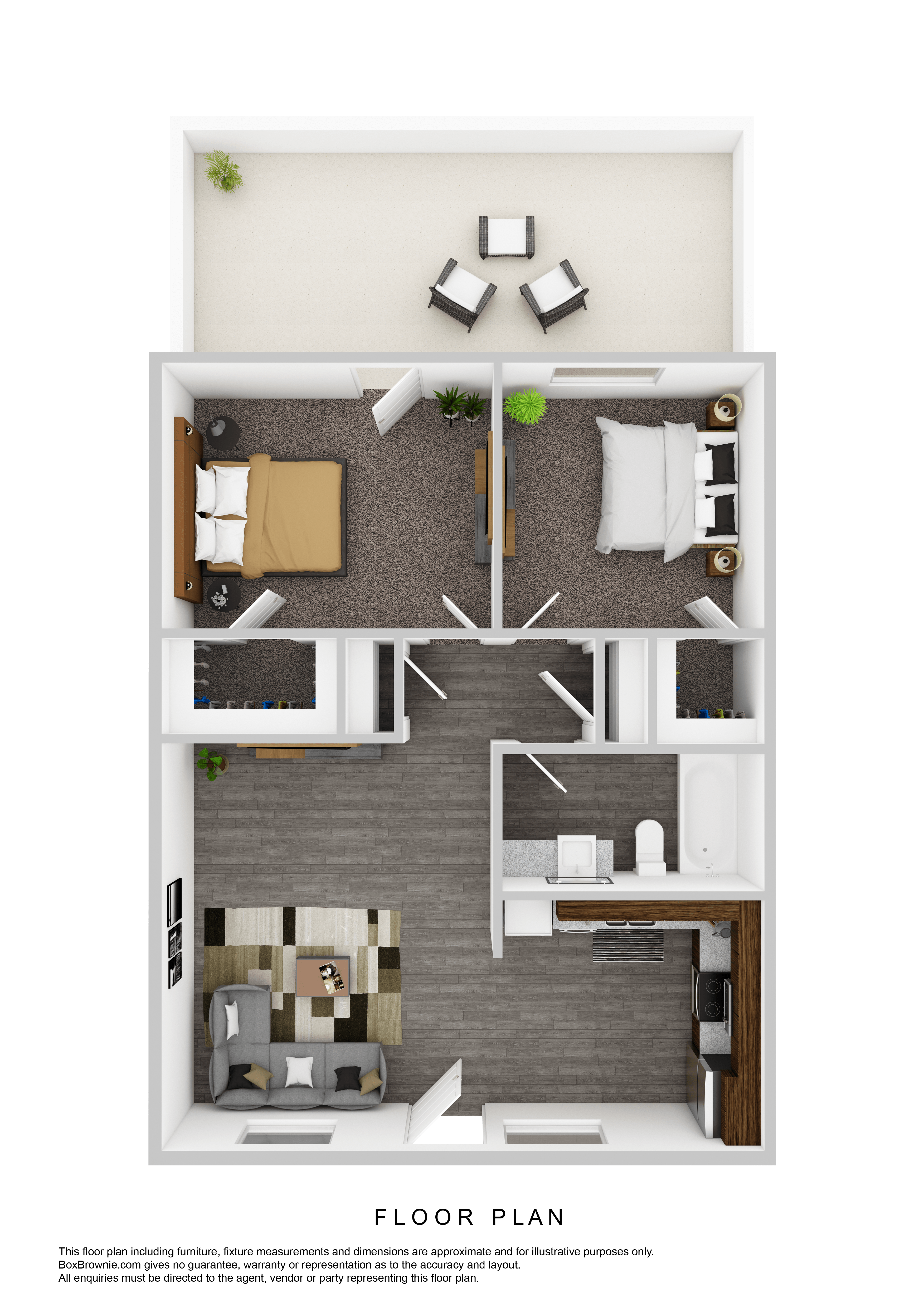 A floor plan of a house with a living room, kitchen, and two bedrooms.
