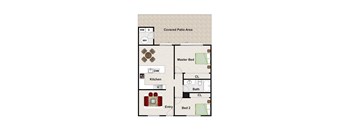 A floor plan of a house showing a kitchen, two beds, a bath, and a covered patio area.