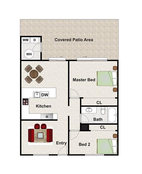 A floor plan of a house showing a kitchen, two beds, a bath, and a covered patio area.
