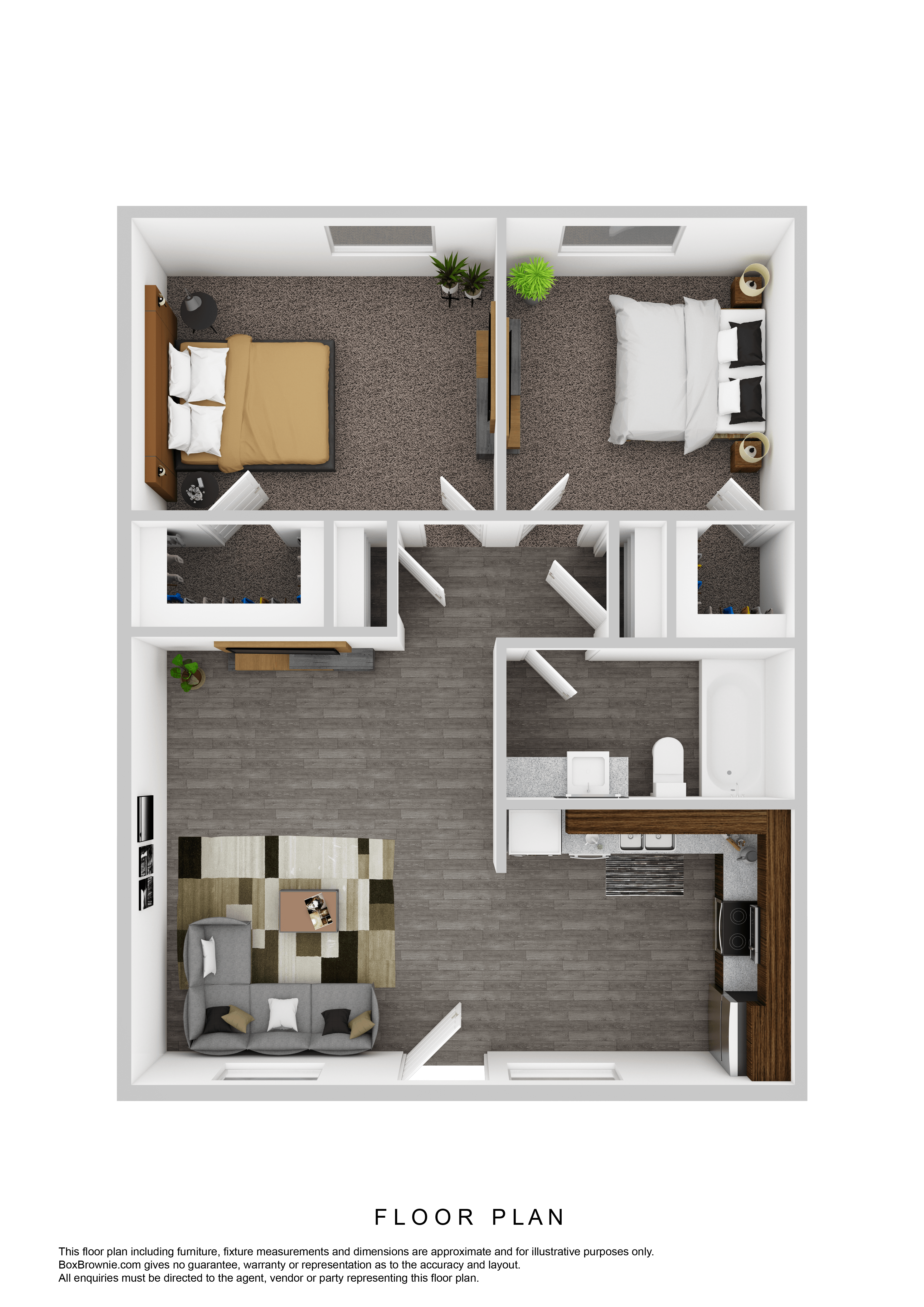 A floor plan of a small apartment with a living room, kitchen, and two bedrooms.