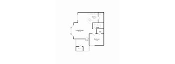 A floor plan of a home with a kitchen, living/dining area, bathroom, bedroom, and storage space.