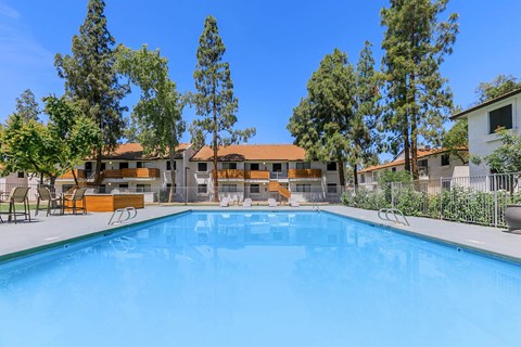 the swimming pool surrounded by trees in front of apartments with an orange roof at Tides on McDowell, Phoenix, 85035