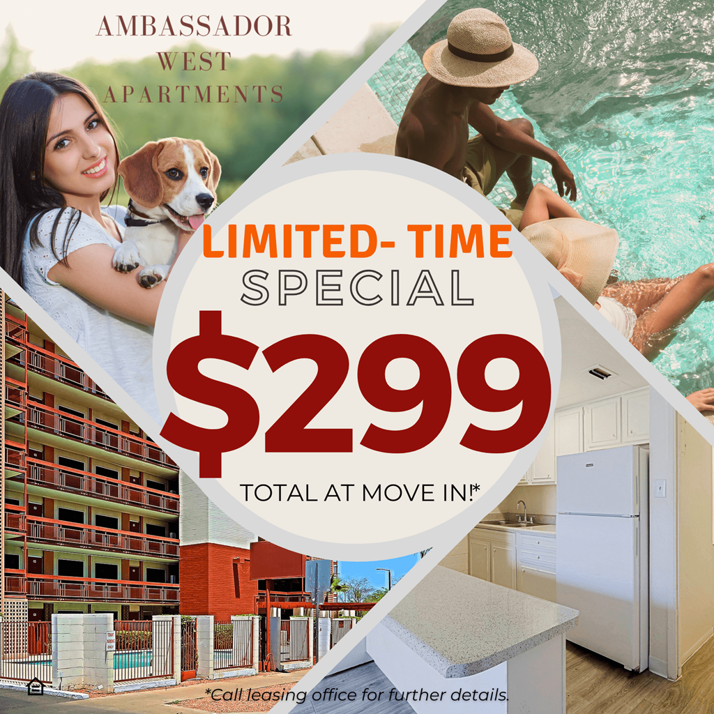 A promotional image for Ambassador West Apartments advertising a special offer of $299 total at move in.