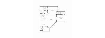 A floor plan of a home with a living room, dining room, kitchen, two bedrooms, a bathroom, and storage.
