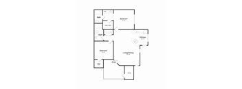A floor plan of a house with a living room, two bedrooms, two bathrooms, a kitchen, and storage.