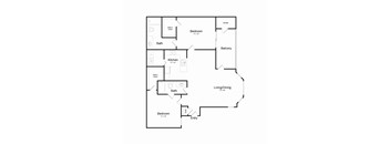 A floor plan of a house with two bedrooms, a living/dining area, a kitchen, a bath, a balcony, and storage.