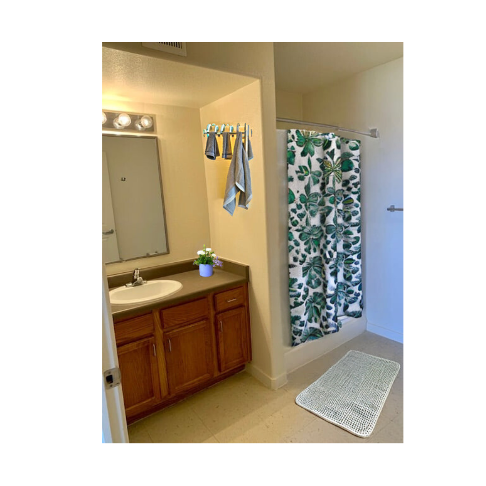 a bathroom with a sink and a shower and a mirror