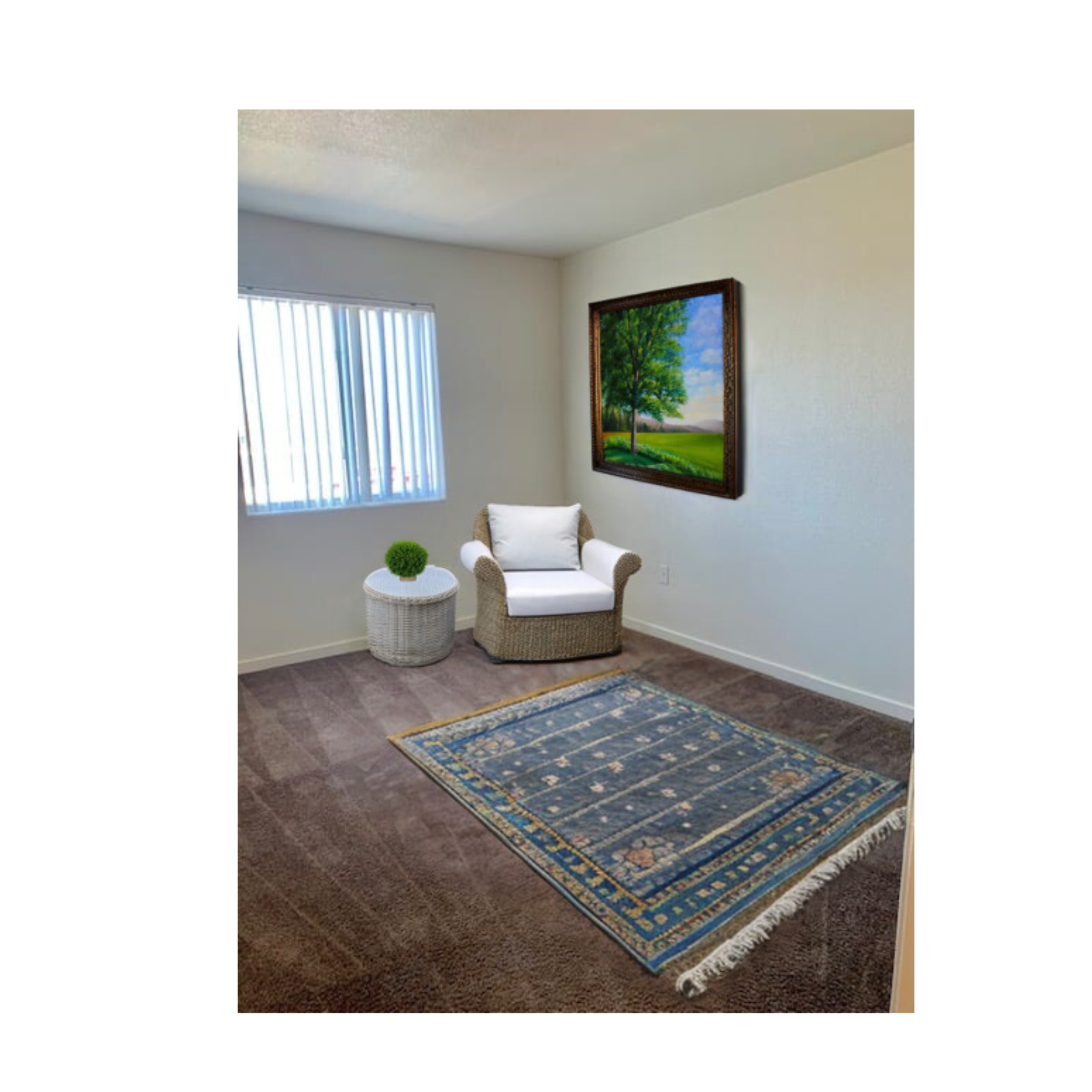 a living room with a couch and a rug