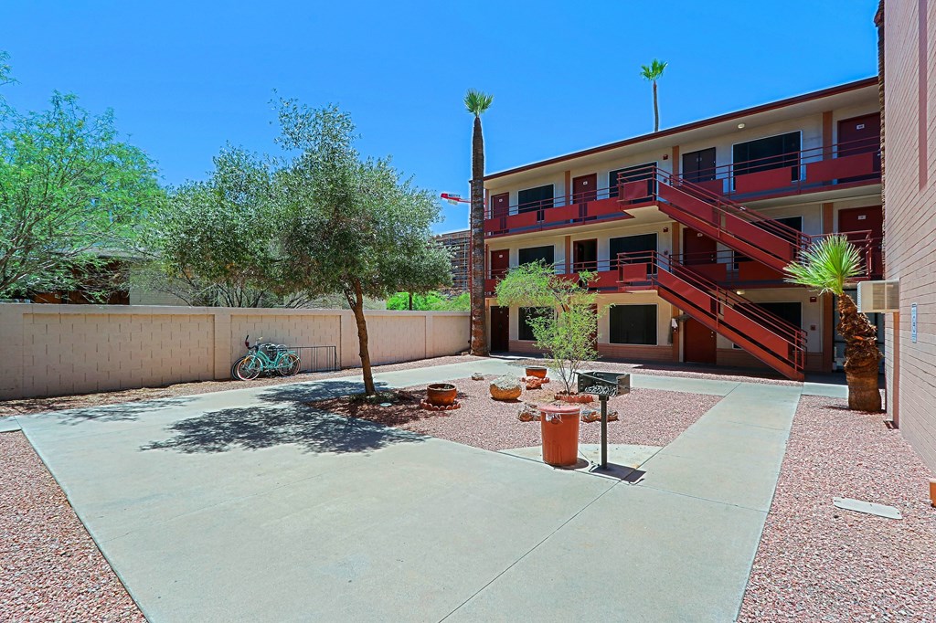 A courtyard with a tree, a bench and a bicycle.