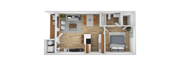 A top-down view of a well-organized living space with a kitchen area.
