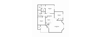 A floor plan of a house with three bedrooms, a kitchen, a living/dining area, and a pantry.