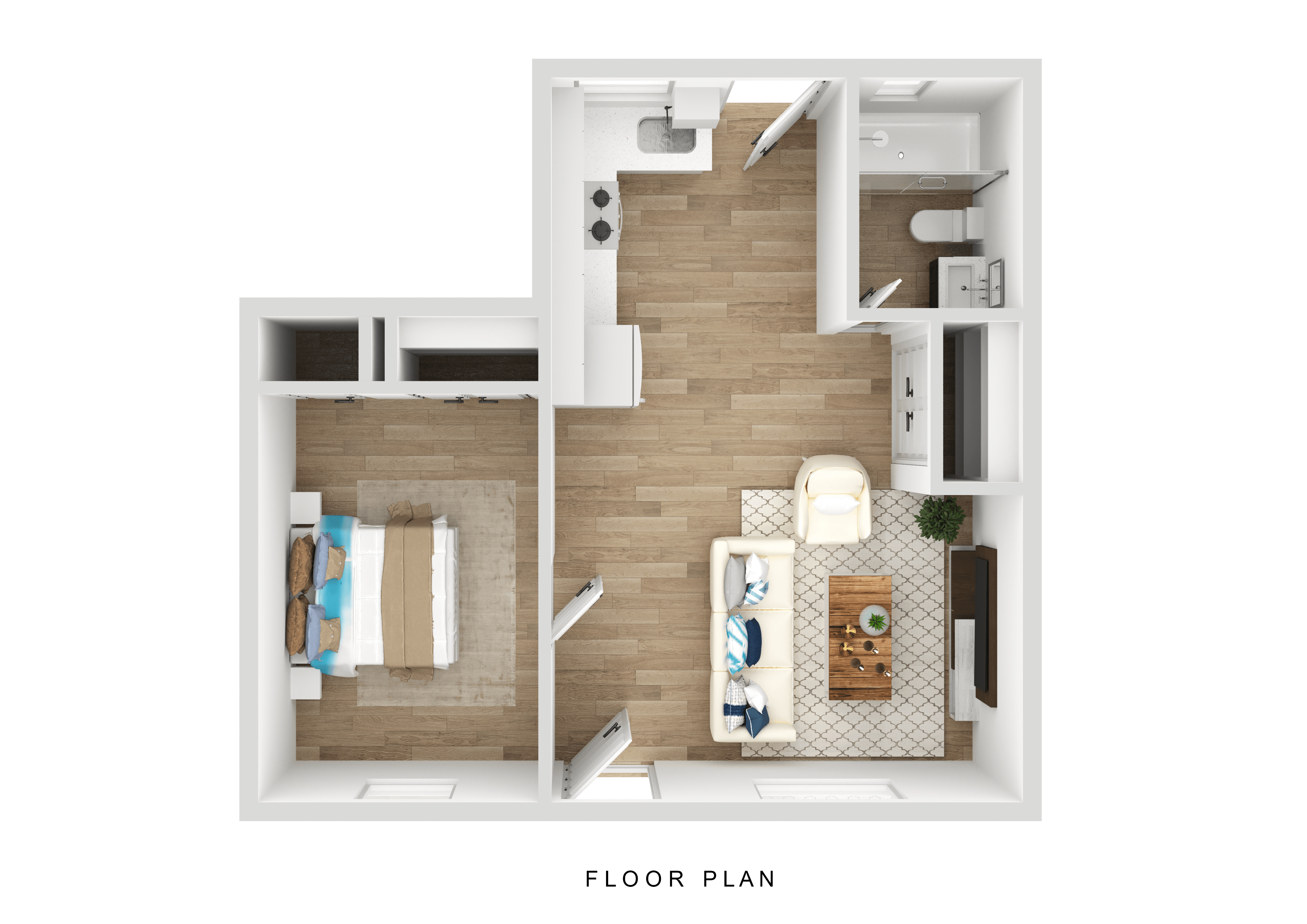a stylized floor plan with a bedroom and a bathroom