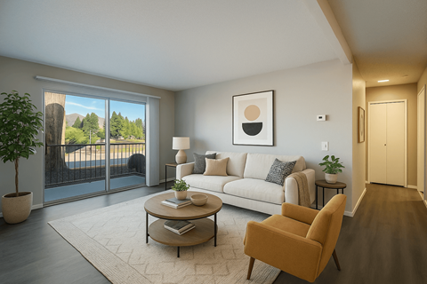 A living room with a white couch, a coffee table, a lamp, a potted plant, and a painting on the wall.