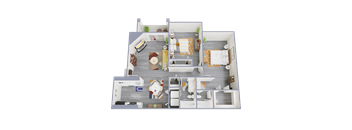 a 3d rendering of a bedroom and living room floor plan