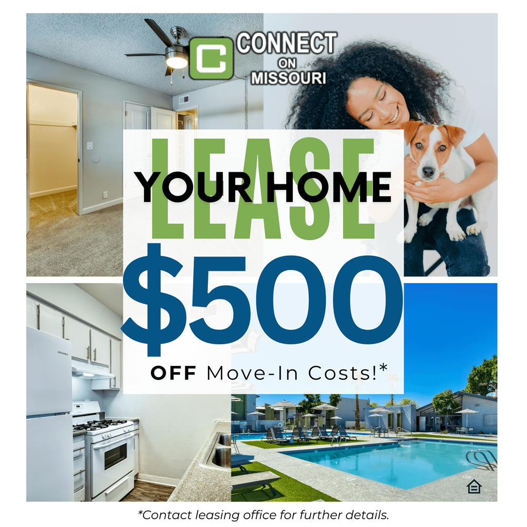 A promotional image for leasing a home in Missouri for $500 off move-in costs.