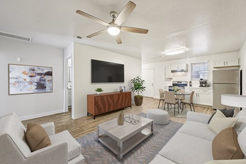 A living room with a grey sofa, a coffee table and a television.