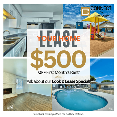 A flyer advertises a lease deal for $500 off the first month's rent.
