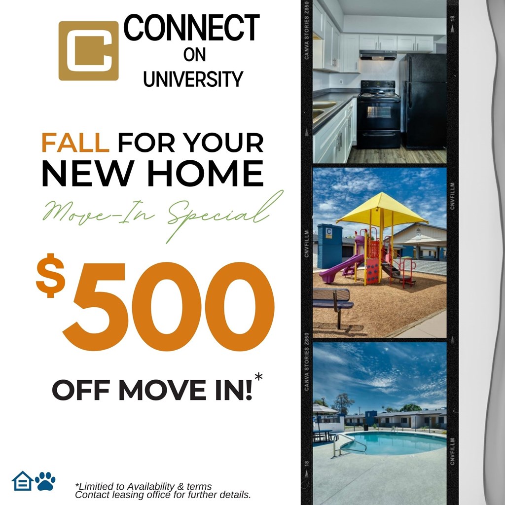 A flyer advertises a $500 off move-in special for fall at Connect on University.
