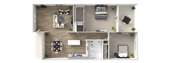 A 3D floor plan of a small apartment with a living room, kitchen, and bedroom.