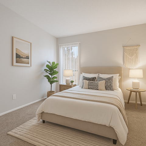 A bedroom with a large bed and a plant on the side table.