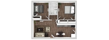 A top-down view of a living room, kitchen, and bedroom layout.