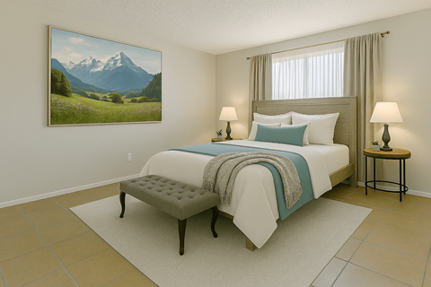 A bedroom with a large bed and a mountain painting on the wall.