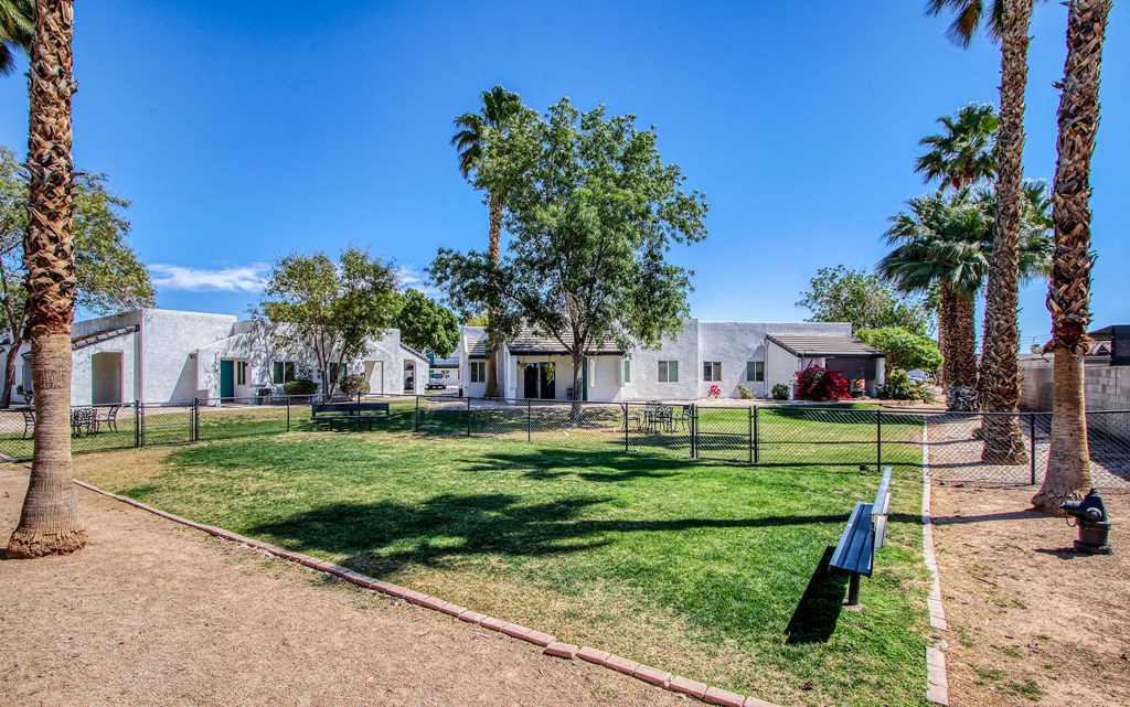the backyard of a white house with a yard and palm trees