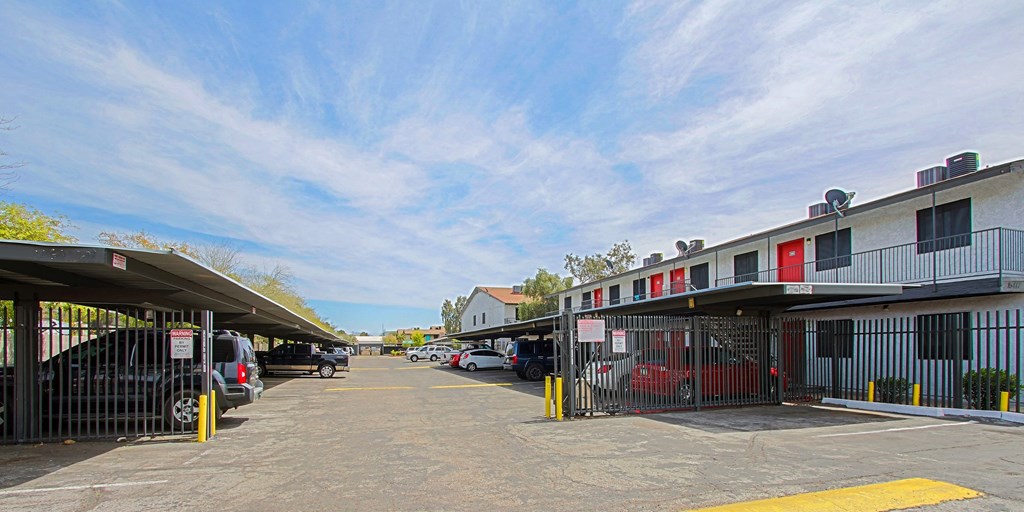 a parking lot in front of a building