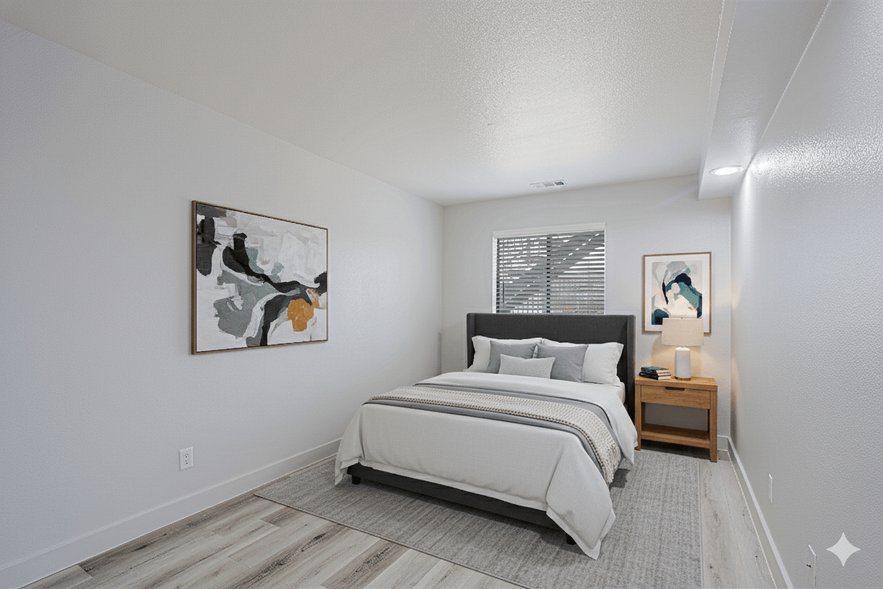 A bedroom with a large bed and a painting on the wall.
