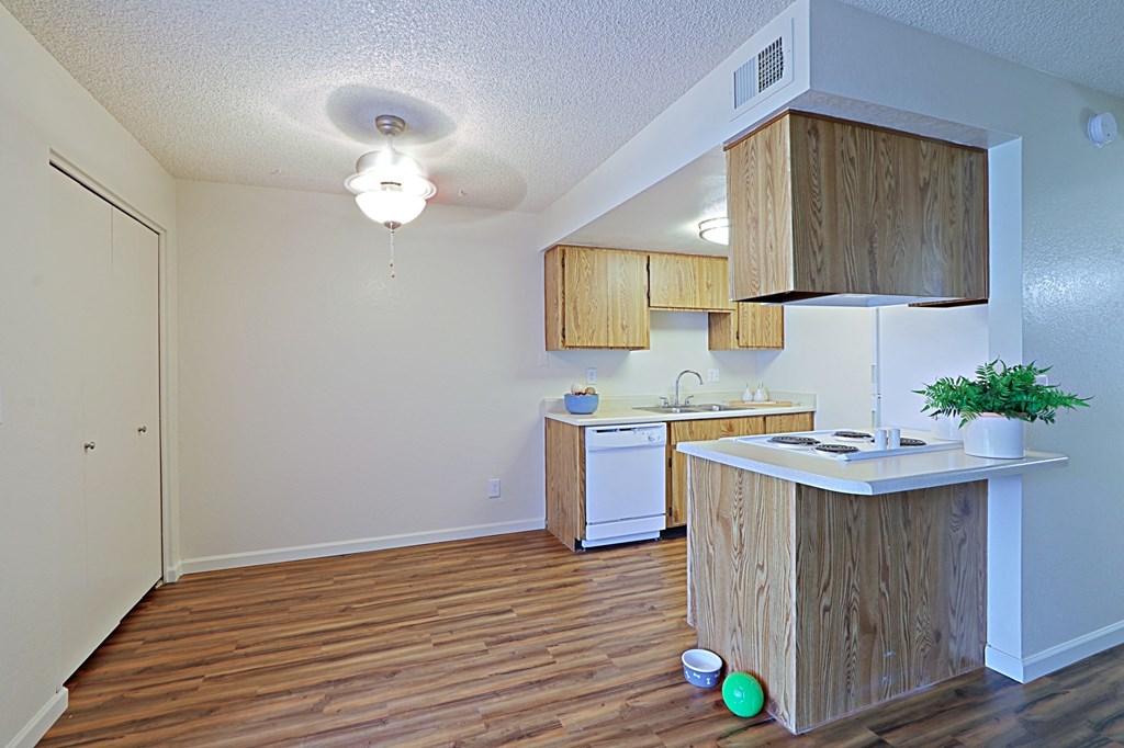 a kitchen and living room in an apartment