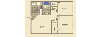A drawing of a house layout with two bedrooms, a living room, a kitchen, a bath, and a reference area.