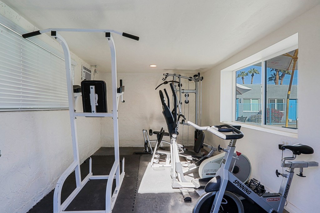 A home gym with a rowing machine, a stationary bike, and a treadmill.