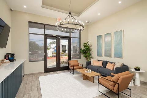 A modern living room with a grey couch, a brown chair, and a white rug.
