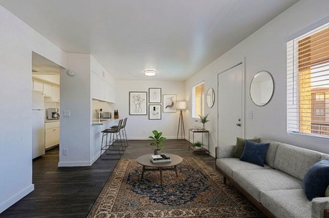 A living room with a couch, a table, and a rug.