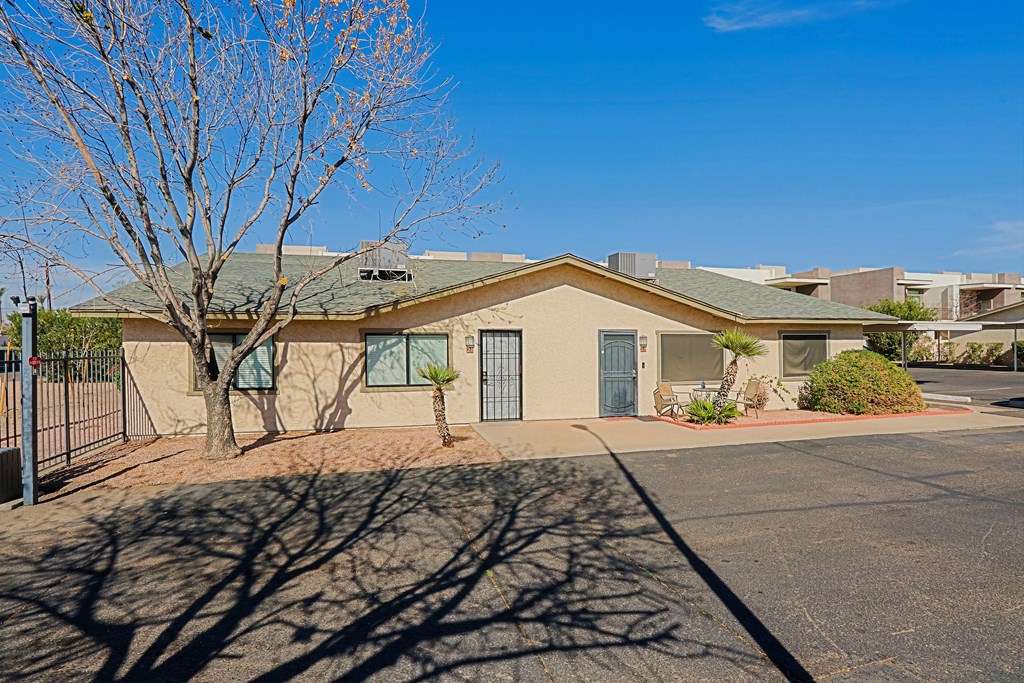 A building with a green roof and a tree in front of it.