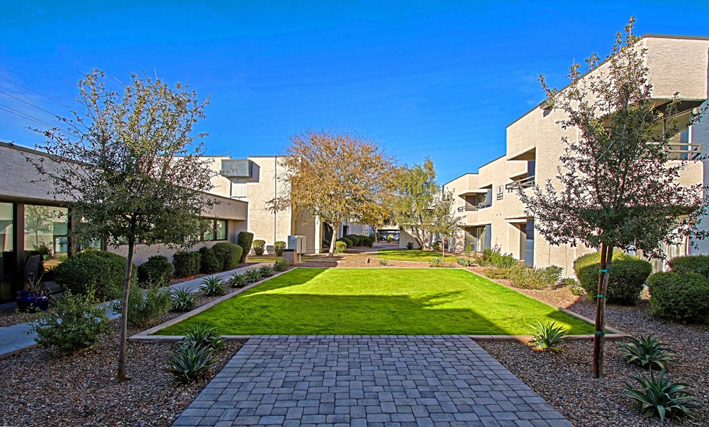 a garden between two apartment buildings with grass and trees