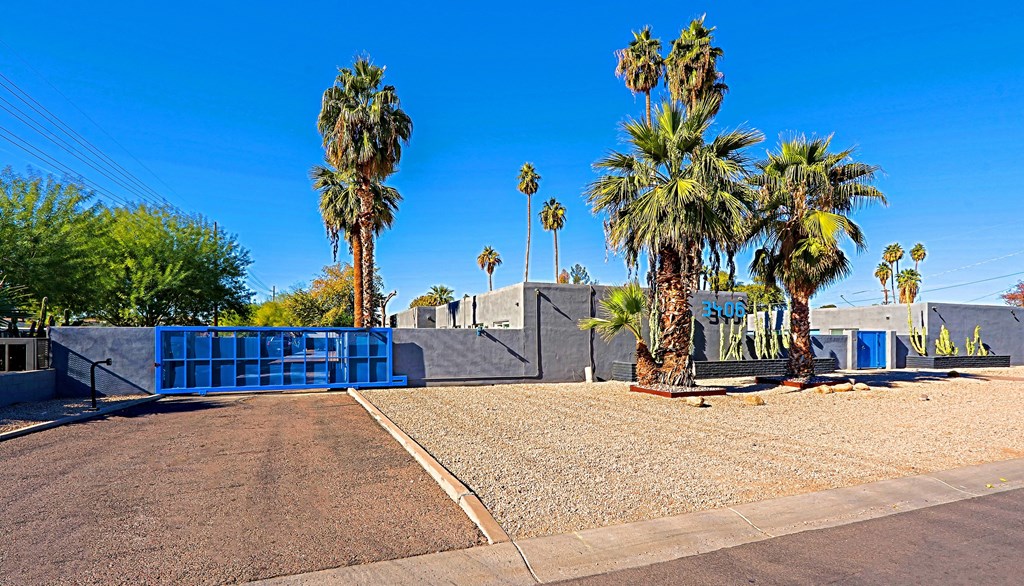 A blue gate blocks the road in front of a building with palm trees.