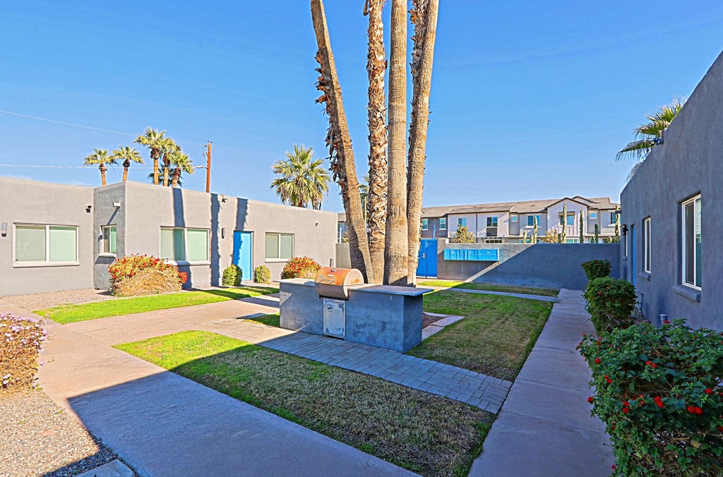 A row of houses with a palm tree in front.