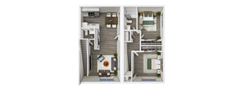 3D Floor plan of 2 bedroom 1 and a half townhome
