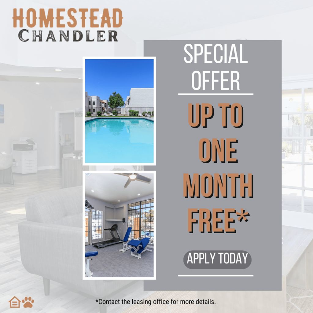 A promotional image for Homestead Chandler offering up to one month free.