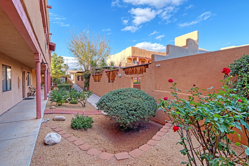 a courtyard with plants and a house with a patio